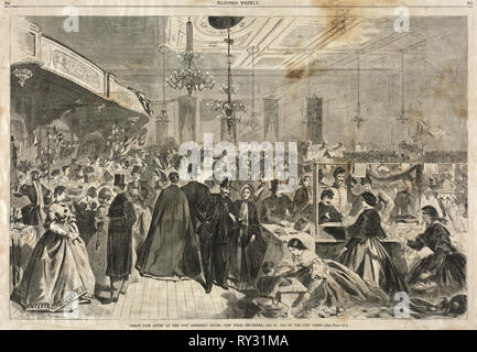 Grande Fiera dato alla città Assembly Rooms, New York, Dicembre, 1861, in aiuto dei poveri della città, 1861. Winslow Homer (American, 1836-1910). Incisione su legno Foto Stock