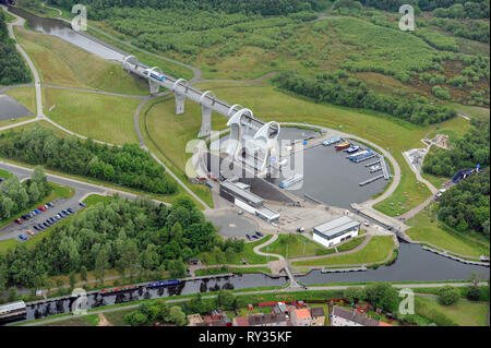 Vista aerea del Falkirk Wheel che collega il Forth & Clyde Canale con la Union Canal vicino a Falkirk in Scozia. Foto Stock