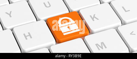 La sicurezza del computer, bloccare il concetto. Icona a forma di lucchetto sulla tastiera di un computer, banner. 3d illustrazione Foto Stock