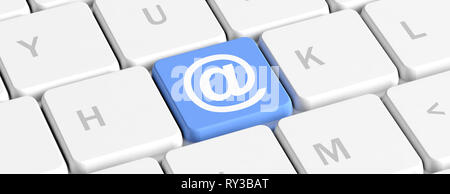 Contattaci concetto. Tasto blu pulsante con il segno di colore blu sulla tastiera di un computer, banner. 3d illustrazione Foto Stock