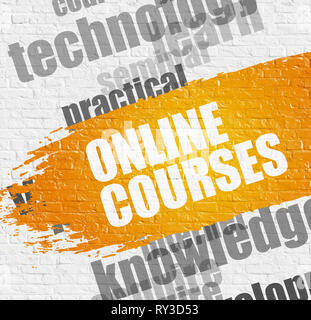 Business Education concetto - Corsi Online - sul muro di mattoni con Wordcloud intorno a. Illustrazione moderna. Corsi online su giallo Distressed Paintbr Foto Stock