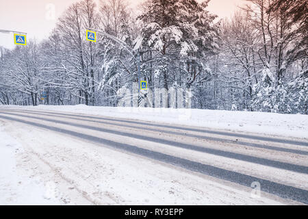 Paesaggio invernale con un vuoto di strada asfaltata attraversando la foresta Foto Stock