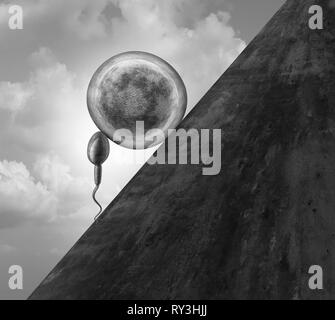 Lotta la fertilità e la fertilità sfide come un simbolo di Sisifo o infertilità con uno spermatozoo e uovo umani che lottano per una gravidanza. Foto Stock