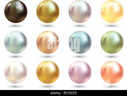 Realistica perle varicolored vector set. Perla Preziosa in forma di sfera. Pearl è di lusso pietra lucida illustrazione Illustrazione Vettoriale