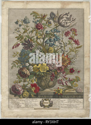 Dodici mesi di fiori: Maggio, 1730. Henry Fletcher (British, attivo 1715-38). Incisione, colorate a mano; foglio: 46,6 x 35,2 cm (18 3/8 x 13 7/8 in.); platemark: 40,9 x 31,8 cm (16 1/8 x 12 1/2 in Foto Stock