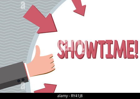 Conceptual la scrittura a mano che mostra Showtime. Concetto significato volta a riprodurre film Perforanalysisce Concerto evento è programmato per iniziare Foto Stock