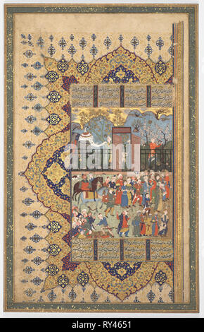 Re Luhrasp ascende al trono: Un Processon arriva alla corte (Recto); la storia di Re Luhrasp (verso), c. 1560 s-80s. Iran, Shiraz, periodo di Safavid, del XVI secolo. Acquerello opaco, inchiostro e oro su carta; foglio: 47 x 29,7 cm (18 1/2 x 11 11/16 in.); immagine: 43,9 x 26,6 cm (17 5/16 x 10 1/2 in Foto Stock