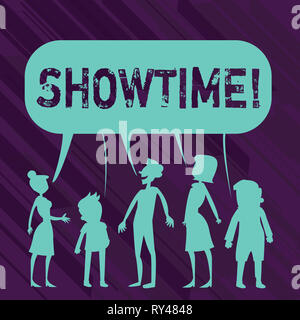 Conceptual la scrittura a mano che mostra Showtime. Concetto significato volta a riprodurre film Perforanalysisce Concerto evento è programmato per iniziare Foto Stock