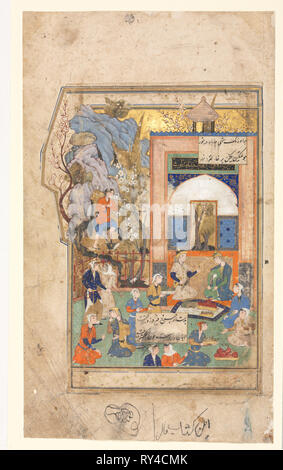 Yusuf e Zulaykha (Recto); testo pagina, persiano versetti (verso), c. 1556-65. Iran, Shiraz o Mashhad, periodo di Safavid, del XVI secolo. Acquerello opaco e inchiostro su carta; foglio: 29,8 x 17,3 cm (11 3/4 x 6 13/16 in.); immagine: 21,3 x 15,3 cm (8 3/8 x 6 pollici Foto Stock