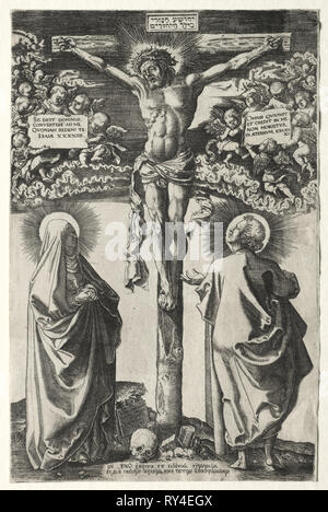 Cristo crocifisso tra la Vergine e San Giovanni, 1542. Hans Brosamer (tedesco, c. 1500-1554). Incisione Foto Stock