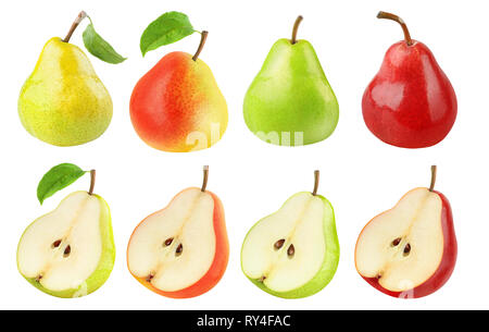 Isolato di raccolta delle pere. Pere fresche di diversi colori, di frutti interi e metà isolato su sfondo bianco con tracciato di ritaglio Foto Stock