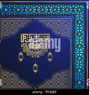 Il Ramadan Kareem saluto sfondo simbolo islamico crescent con pattern di arabo e calligrafia Araba - linea calligrafia e lanterna Foto Stock