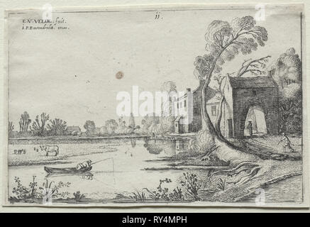 Paesaggio con un fiume e una Gatehouse, 1614. Van de Velde Esaias (Olandese, 1587-1630). Attacco Foto Stock