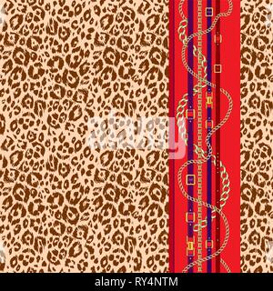 Abctract seamless pattern con cinghie, catena su viola pelle animale sfondo per tessuto. Alla moda di ripetizione stampa leopard. Illustrazione Vettoriale