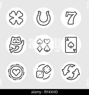 Semplice insieme di buona fortuna di linea del vettore icone. Contiene le icone come trifoglio Four-Leaf, a ferro di cavallo, sette carte da gioco, carpe, chip di gioco, dice, cat Illustrazione Vettoriale