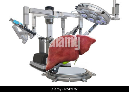 La chirurgia robotica del concetto di fegato, rendering 3D isolati su sfondo bianco Foto Stock