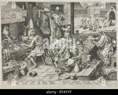 Alchemist. Philip Galle (fiammingo, 1537-1612), dopo Pieter Bruegel (fiammingo, 1527/8-1569). Incisione Foto Stock