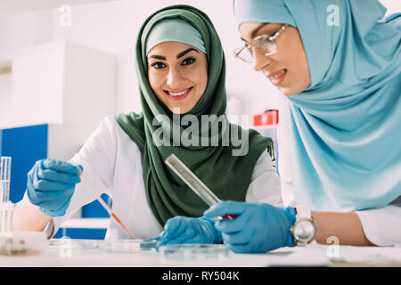 Donna sorridente scienziati musulmani tenendo la pipetta e la provetta di vetro durante l'esperimento in laboratorio chimico Foto Stock