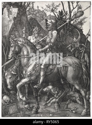 Knight, la morte e il Diavolo, 1513. Albrecht Dürer (Tedesco, 1471-1528). L'incisione; foglio: 24,4 x 19 cm (9 5/8 x 7 1/2 in Foto Stock