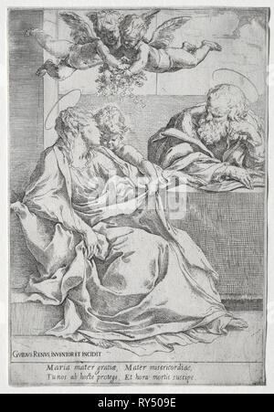 La Santa famiglia con due angeli. Guido Reni (Italiano, 1575-1642). Incisione; foglio: 22,6 x 15,7 cm (8 7/8 x 6 3/16 in.); platemark: 22,5 x 15,2 cm (8 7/8 x 6 pollici Foto Stock