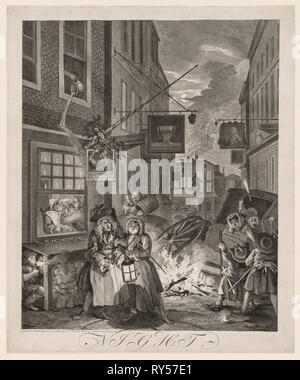 Le quattro volte al giorno: Notte, 1738. William Hogarth (British, 1697-1764). Incisione Foto Stock