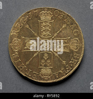 Cinque Guinea (retromarcia), 1703. Inghilterra, Anne, 1702-1714. Oro Foto Stock