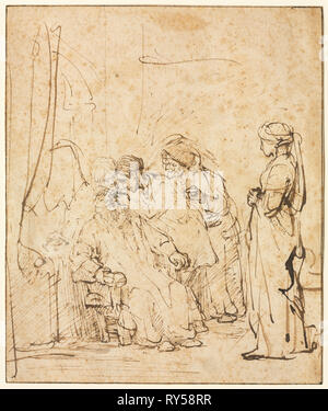 Tobias la guarigione di suo padre a cecità, c. 1640-1645. Rembrandt van Rijn (Olandese, 1606-1669). Penna e inchiostro bruno, toccato con gouache bianco, framing linee in inchiostro marrone; foglio: 21,1 x 17,7 cm (8 5/16 x 6 15/16 in Foto Stock