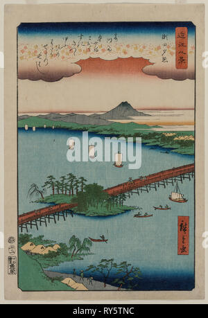 Bagliore di sera in seta, dalla serie di otto vedute di Ōmi, 1857. Utagawa Hiroshige (giapponese, 1797-1858). Color woodblock stampa, inchiostro e colore su carta; foglio: 34,2 x 22,5 cm (13 7/16 x 8 7/8 in Foto Stock