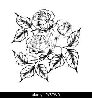 Rose Tattoo. Silhouette di rose e foglie su uno sfondo bianco. Linework stile. Modello di Rose Foto Stock