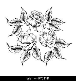 Rose Tattoo. Silhouette di rose e foglie su uno sfondo bianco. Linework stile. Modello di Rose Foto Stock