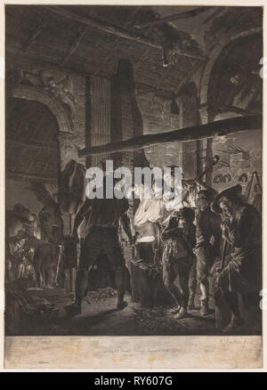 Il fabbro, 1771. Richard Earlom (British, 1743-1822), dopo Joseph Wright di Derby (British, 1734-1797). Mezzatinta Foto Stock