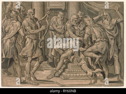 Davide che suona l'Arpa prima di Saul, 1555. Frans Floris (Olandese, 1519-1570). Incisione a legno in chiaroscuro; foglio: 33,4 x 47,9 cm (13 1/8 x 18 7/8 in Foto Stock