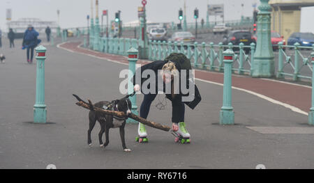 Brighton, Regno Unito. Xii Mar, 2019. Non è facile per il pattino lungo Brighton Seafront come tempesta Gareth arriva in Gran Bretagna e in Irlanda con velocità del vento previsione di raggiungere fino a 70 mph in alcune aree Credito: Simon Dack/Alamy Live News Foto Stock