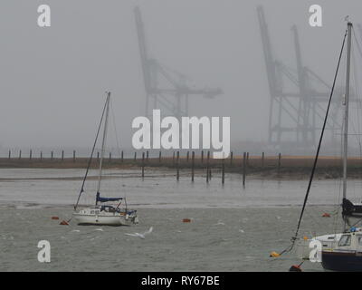 Queenborough, Kent, Regno Unito. Xii marzo, 2019. Regno Unito: Meteo Storm Gareth portato forti venti da sud e una banda di pesanti in Queenborough Harbour nel Kent a pranzo. Credito: James Bell/Alamy Live News Foto Stock