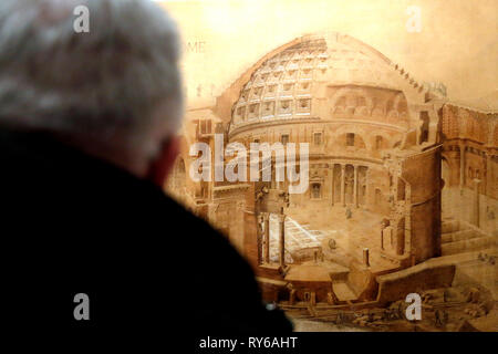 Roma, Italia. Xii Mar, 2019. Disegno del Pantheon di Roma mostra 'Leonardo Da Vinci, la scienza prima di scienza' alle Scuderie del Quirinale a Roma in occasione del V centenario della morte del celebre pittore e inventore. La mostra offre al pubblico una visione diversa di Da Vinci il lavoro di analisi e di Leonardo e teorico lavori tecnologici, ortografia mettere le sue connessioni culturali con contemporanei. Credito: insidefoto srl/Alamy Live News Foto Stock