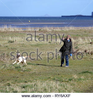 Edinburgh, Regno Unito. Xii Marzo 2019. Le persone che si godono il sole e forti venti blustery influenzare Cramond foreshore. Credito: Craig Brown/Alamy Live News Foto Stock