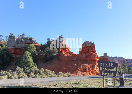 Esplorare le hoodoos di Red Canyon dello Utah e la sua Claron Limstone formazioni rocciose come lei di testa nella Dixie National Forest. Guidare il percorso migliore per Sion N Foto Stock