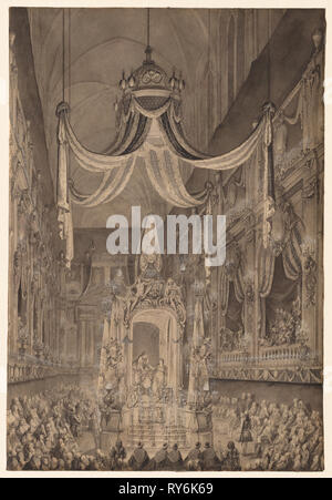 Le esequie di Marie-Thérèse di Spagna, Dauphine di Francia, nella Chiesa di Nôtre Dame di Parigi, il 24 novembre 1746, c. 1746. Charles-Nicolas Cochin (Francese, 1715-1790). Penna e inchiostro nero e grigio accresciuta di lavaggio con il bianco gouache su crema di latte di cui carta, incisa (con grafite) per trasferimento; foglio: 45 x 30,9 cm (17 11/16 x 12 3/16 in Foto Stock