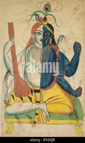 Hari-Hara, 1800s. India, Calcutta, Kalighat pittura, xix secolo. Inchiostro nero e a colori vernice argento su carta; supporto secondario: 49,9 x 29,8 cm (19 5/8 x 11 3/4 in.); verniciatura solo: 45,5 x 28,2 cm (17 15/16 x 11 1/8 in Foto Stock