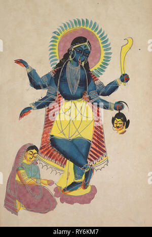 Krishna come Kali adorato da Radha, 1800s. India, Calcutta, Kalighat pittura, xix secolo. Inchiostro nero, acquerello con grafite underdrawing Foto Stock