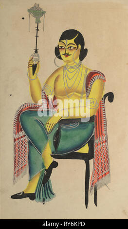 Inglese Babu (nativo impiegato indiano) tenendo un narghilè, 1800s. India, Calcutta, Kalighat pittura, xix secolo. Inchiostro nero, acquerello, e la vernice dello stagno, con grafite underdrawing su carta; supporto secondario: 48 x 29,5 cm (18 7/8 x 11 5/8 in.); verniciatura solo: 45,7 x 28 cm (18 x 11 Foto Stock