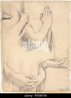 Studio delle mani, 1842. Jean-Auguste-Dominique Ingres (Francese, 1780-1867). La grafite con tracce di bianco intensificando; foglio: 31,2 x 23,5 cm (12 5/16 x 9 1/4 in Foto Stock