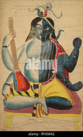 Hari-Hara, 1800s. India, Calcutta, Kalighat pittura, xix secolo. Inchiostro nero e a colori vernice argento e underdrawing Grafite su carta; supporto secondario: 46,5 x 28,3 cm (18 5/16 x 11 1/8 in.); verniciatura solo: 45,2 x 27,8 cm (17 13/16 x 10 15/16 in Foto Stock