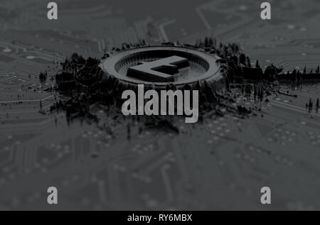 Una microscopica concetto nero scheda di circuito che rivela un estratto frastagliate sostanza nera che si forma in un fisico cryptocurrency litecoin simbolo - 3 Foto Stock