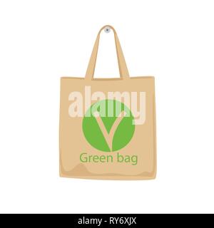 Tessuto Eco panno verde Borsa Tote isolati su sfondo bianco. Attenzione circa l'ambiente. Illustrazione Vettoriale