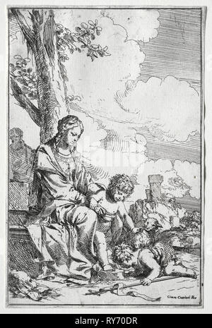La Santa Famiglia con il Bambino di San Giovanni. Giulio ho Carpinoni (Italiano, 1611-1674). Attacco Foto Stock