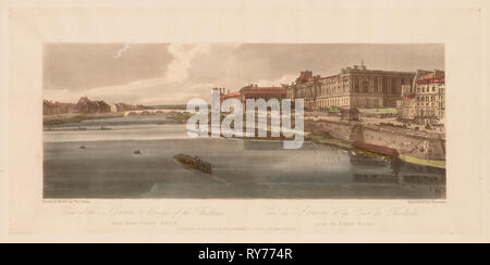 Una selezione di venti tra le più pittoresche vedute di Parigi: Vista del Louvre & Bridge del Thuilleries presi da Pont Neuf, 1802. Thomas Girtin (British, 1775-1802), J.B. Harraden (britannico). Attacco Softground acquatinta e stampati in marrone, colorate a mano con acquerello; foglio: 37,7 x 62,8 cm (14 13/16 x 24 3/4 in.); platemark: 25,1 x 52,6 cm (9 7/8 x 20 11/16 in Foto Stock