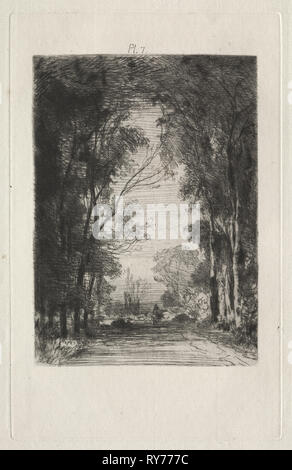 La piastra 7, Traité de la Gravure à l'Eau-Forte: Traveler su una strada in una foresta, 1866. Maxime Lalanne (Francese, 1827-1886). Incisione e puntasecca; foglio: 24,9 x 17,5 cm (9 13/16 x 6 7/8 in.); platemark: 18,3 x 11,6 cm (7 3/16 x 4 9/16 in Foto Stock