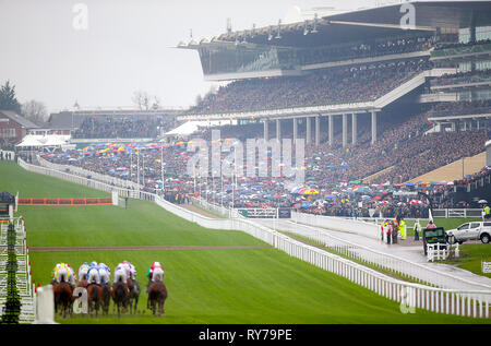 Guide e piloti competere nel cielo supremo Bet novizi' ostacolo durante il giorno campione del 2019 Cheltenham Festival a Cheltenham Racecourse. Foto Stock