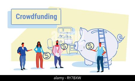 Gruppo di imprenditori investimento di denaro investitore concetto crowdfunding la gente di affari investendo dollar monete salvadanaio folla ufficio finanziamento interno Illustrazione Vettoriale